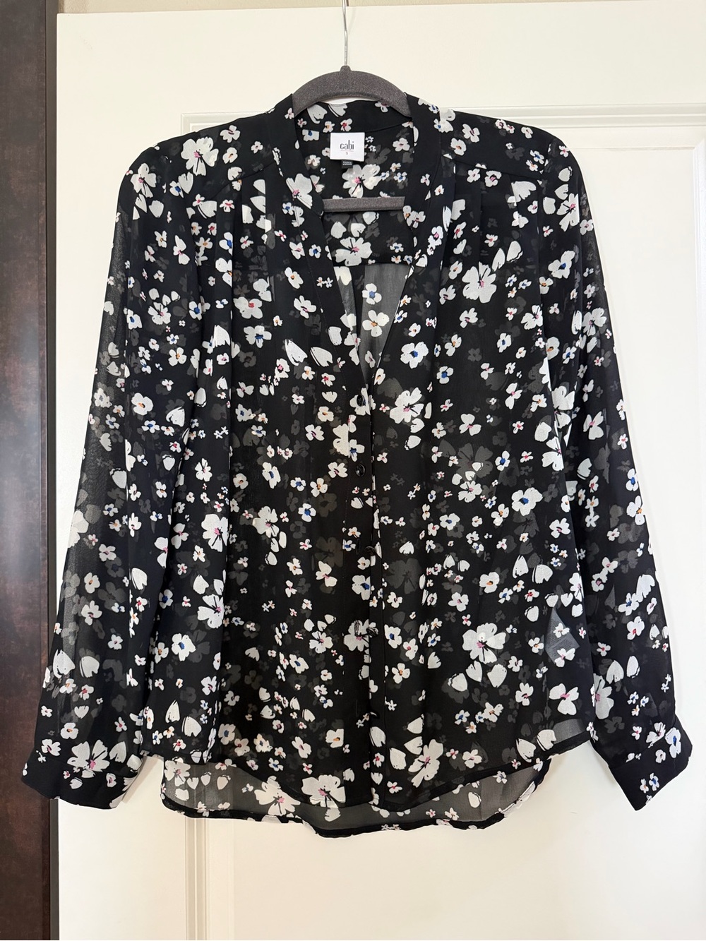 CAbi Black Floral Sheer V-Neck Button Blouse
